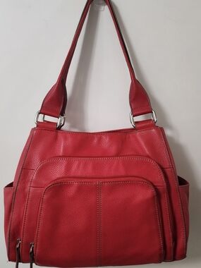 Tignanello Pebbled Leather Multi Pocket Shoulder Bag Red Organizer Purse